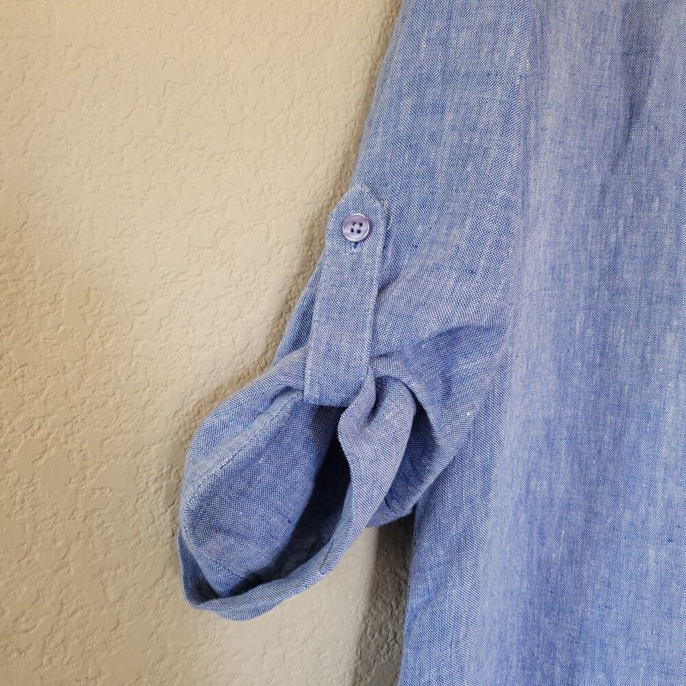 Chicos Maxi Linen Shirt Dress Size 6 Blue Roll Tab Sleeve Lightweight Pockets - Picture 8 of 10